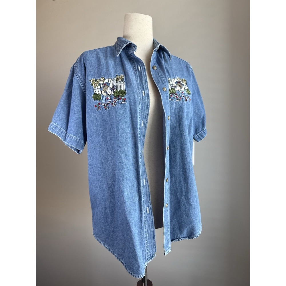 Vintage Quizz Again Denim Button Up Shirt Women M Embroidered Teddy Cottagecore
